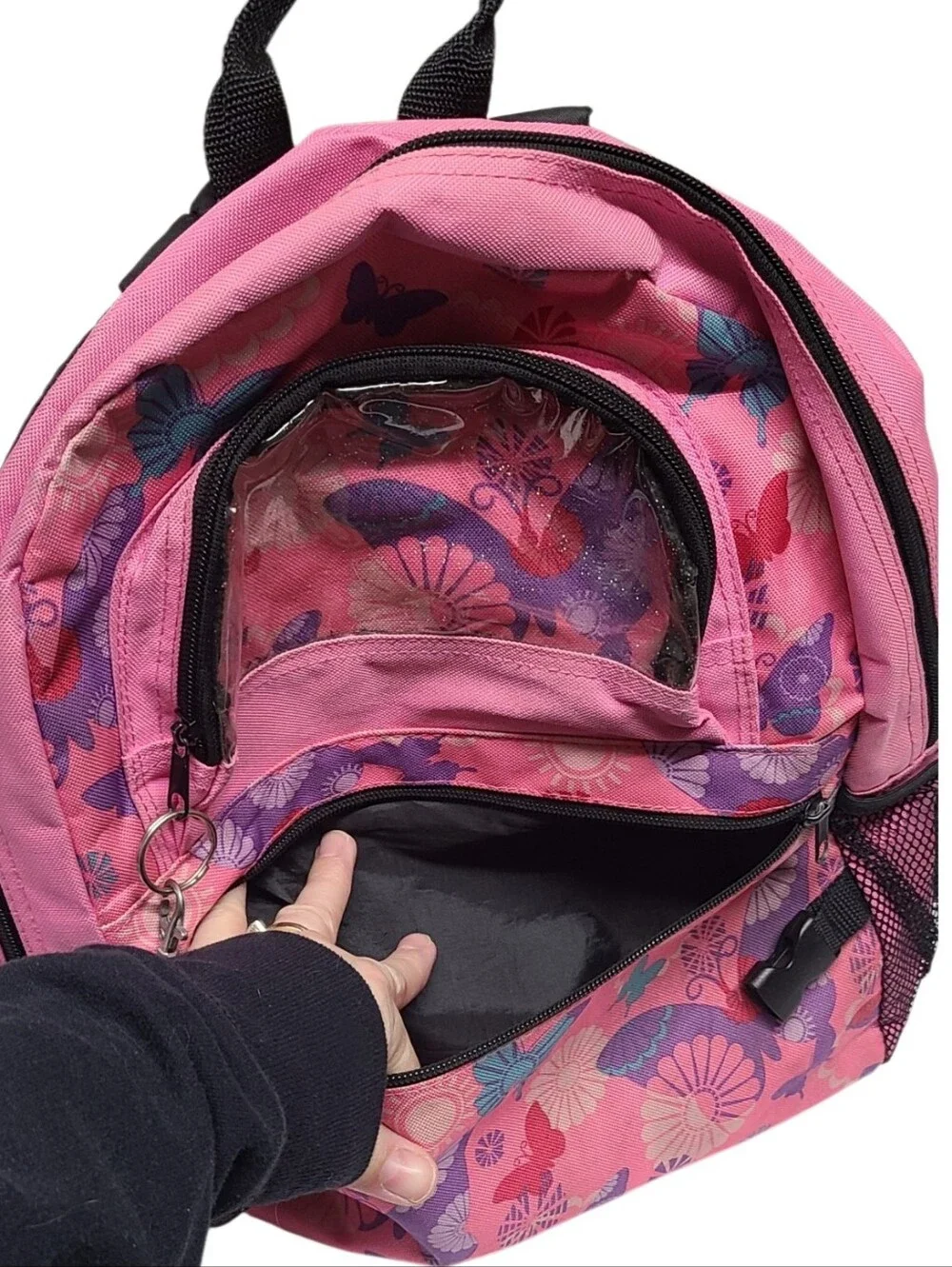 Girls Pink Butterfly Backpack Kids School Bag with Heart Charm & Clear Pocket